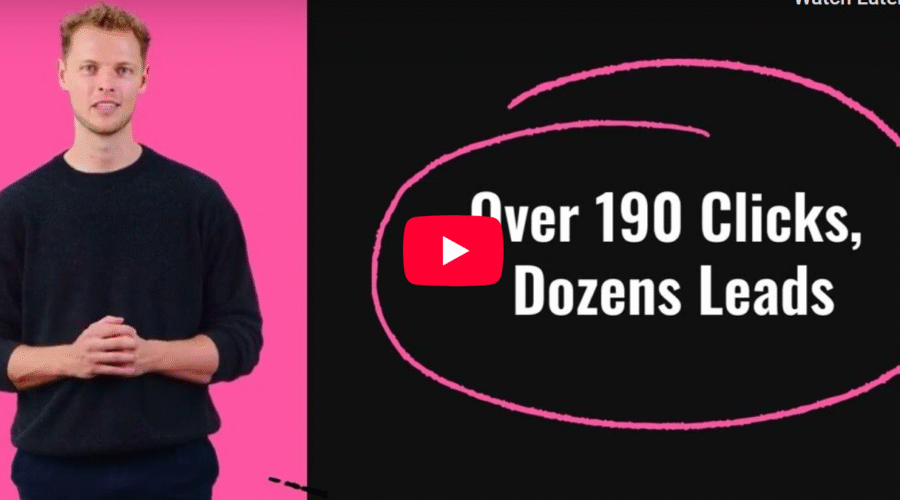 A man stands against a pink background on the left, while text on a black background highlights "Over 190 Clicks, Dozens Leads" within a pink circle—showcasing results from the Traffic Zest affiliate program. A red play button is centered on the image.