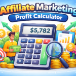 Illustration of a large calculator displaying $5,782, surrounded by coins, charts, target, and two people holding money and a coin, with the text "Affiliate Marketing Profit Calculator" at the top.