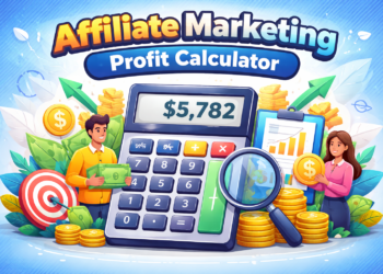 Illustration of a large calculator displaying $5,782, surrounded by coins, charts, target, and two people holding money and a coin, with the text "Affiliate Marketing Profit Calculator" at the top.