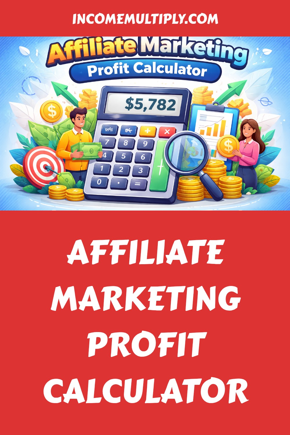 Illustration of a large Affiliate Calculator displaying $5,782, surrounded by gold coins, two people, and profit icons. Text reads “Affiliate Marketing Profit Calculator” and “INCOMEMULTIPLY.COM.”.