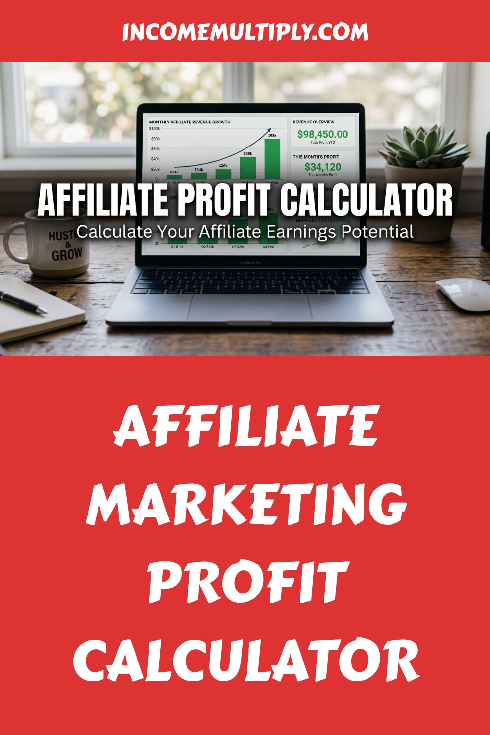 A laptop displaying a graph and affiliate earnings sits on a desk with a coffee mug and notebook. Text reads: "Affiliate Profit Calculator" and "Affiliate Marketing Profit Calculator"—the perfect tool for precise affiliate marketing calculations.