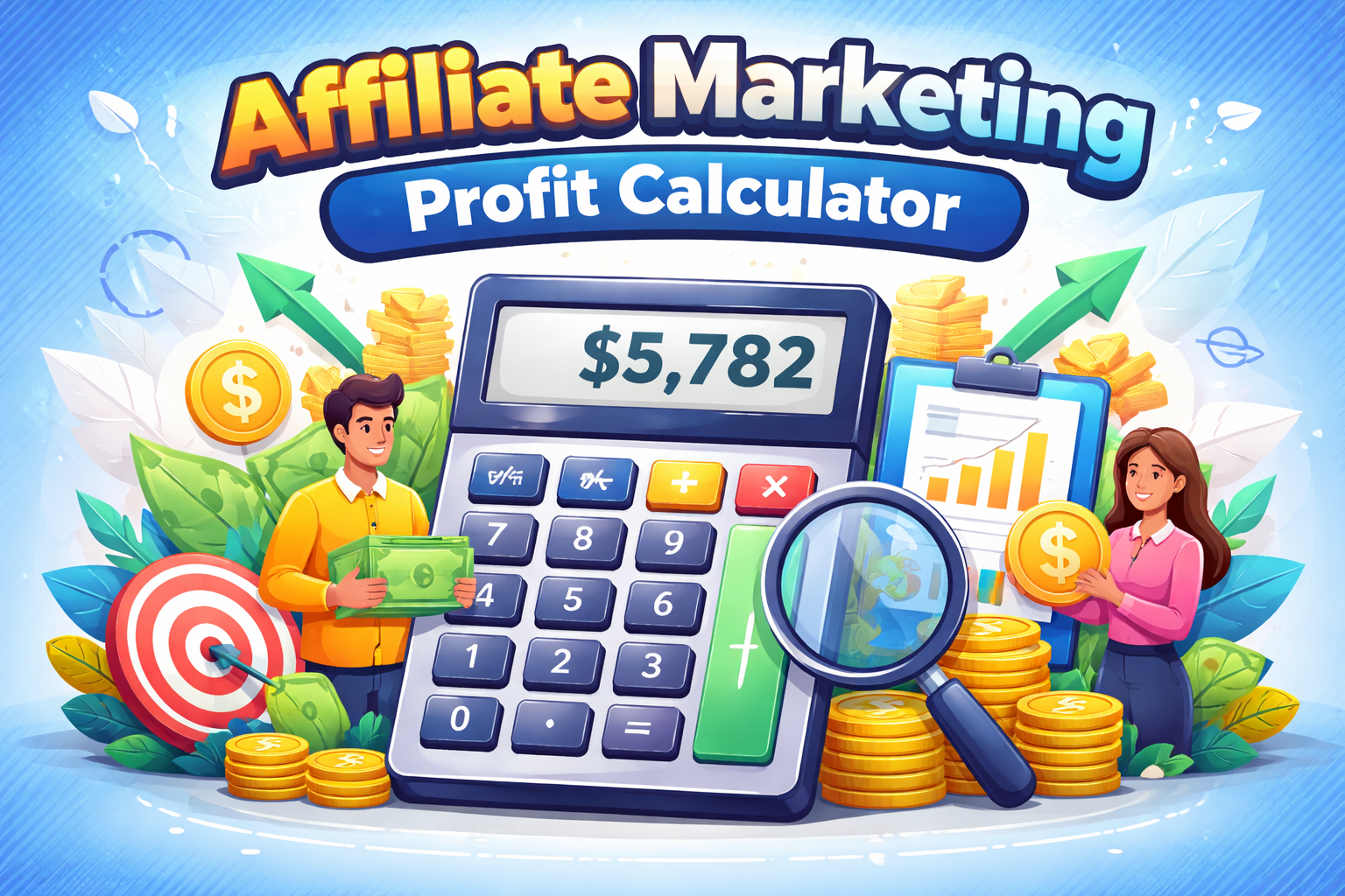 Illustration of a large calculator displaying $5,782, surrounded by coins, charts, target, and two people holding money and a coin, with the text "Affiliate Marketing Profit Calculator" at the top.