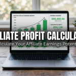 A laptop on a desk displays Affiliate Marketing Calculator charts and profit stats. Large text reads "Affiliate Profit Calculator – Calculate Your Affiliate Earnings Potential." Office supplies and plants are in the background.