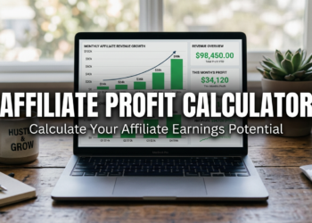 A laptop on a desk displays Affiliate Marketing Calculator charts and profit stats. Large text reads "Affiliate Profit Calculator – Calculate Your Affiliate Earnings Potential." Office supplies and plants are in the background.