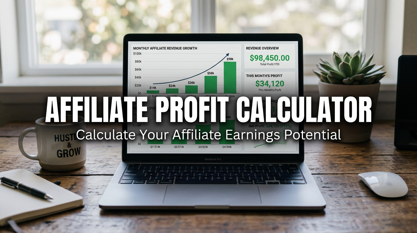 A laptop on a desk displays Affiliate Marketing Calculator charts and profit stats. Large text reads "Affiliate Profit Calculator – Calculate Your Affiliate Earnings Potential." Office supplies and plants are in the background.
