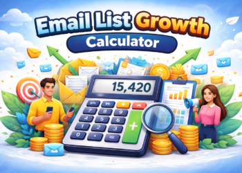 Colorful illustration of a large calculator displaying 15,420, surrounded by coins, emails, charts, and two people using devices, with the title "Email List Growth Calculator" at the top. Perfect for tracking your email growth.