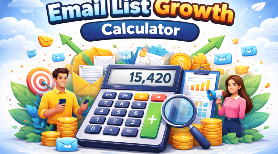 Colorful illustration of a large calculator displaying 15,420, surrounded by coins, emails, charts, and two people using devices, with the title "Email List Growth Calculator" at the top. Perfect for tracking your email growth.