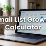 A laptop displaying analytics charts sits on a wooden desk next to a mug and notebook, with large text overlay reading “Email List Growth Calculator,” highlighting an essential tool for tracking your list growth.