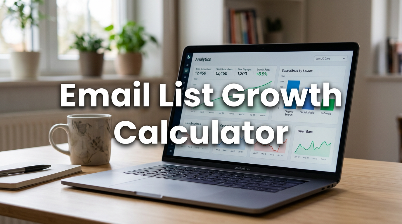 A laptop displaying analytics charts sits on a wooden desk next to a mug and notebook, with large text overlay reading “Email List Growth Calculator,” highlighting an essential tool for tracking your list growth.