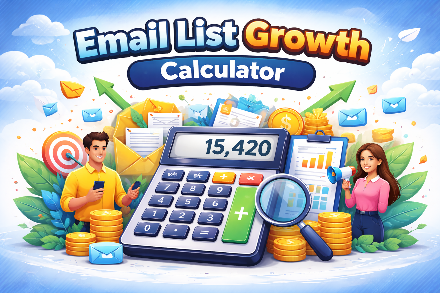 Colorful illustration of a large calculator displaying 15,420, surrounded by coins, emails, charts, and two people using devices, with the title "Email List Growth Calculator" at the top. Perfect for tracking your email growth.